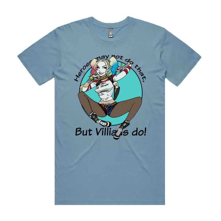 Front design of Harley Quinn printed on Blue T-Shirt - Geekdom Tees - E-commerce 