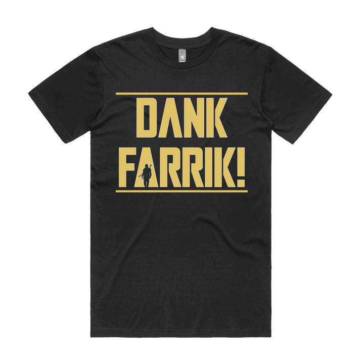 Front design of Dank Farrik printed on Black T-Shirt - Geekdom Tees - E-commerce