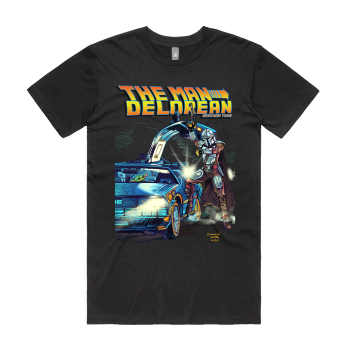 Front design of Mandalorian in the classic Back to the Future stance printed on Black T-Shirt - Geekdom Tees - E-commerce