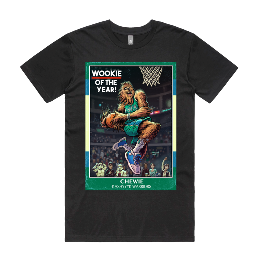 Front design of Chewbacca as Basketballer up for a dunk printed on Black T-Shirt - Geekdom Tees - E-commerce